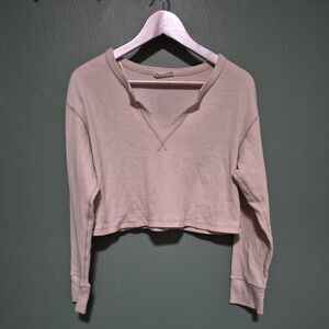 New In Cream Waffle Knit Cropped Henley Long Sleeve Top SZ Large 501